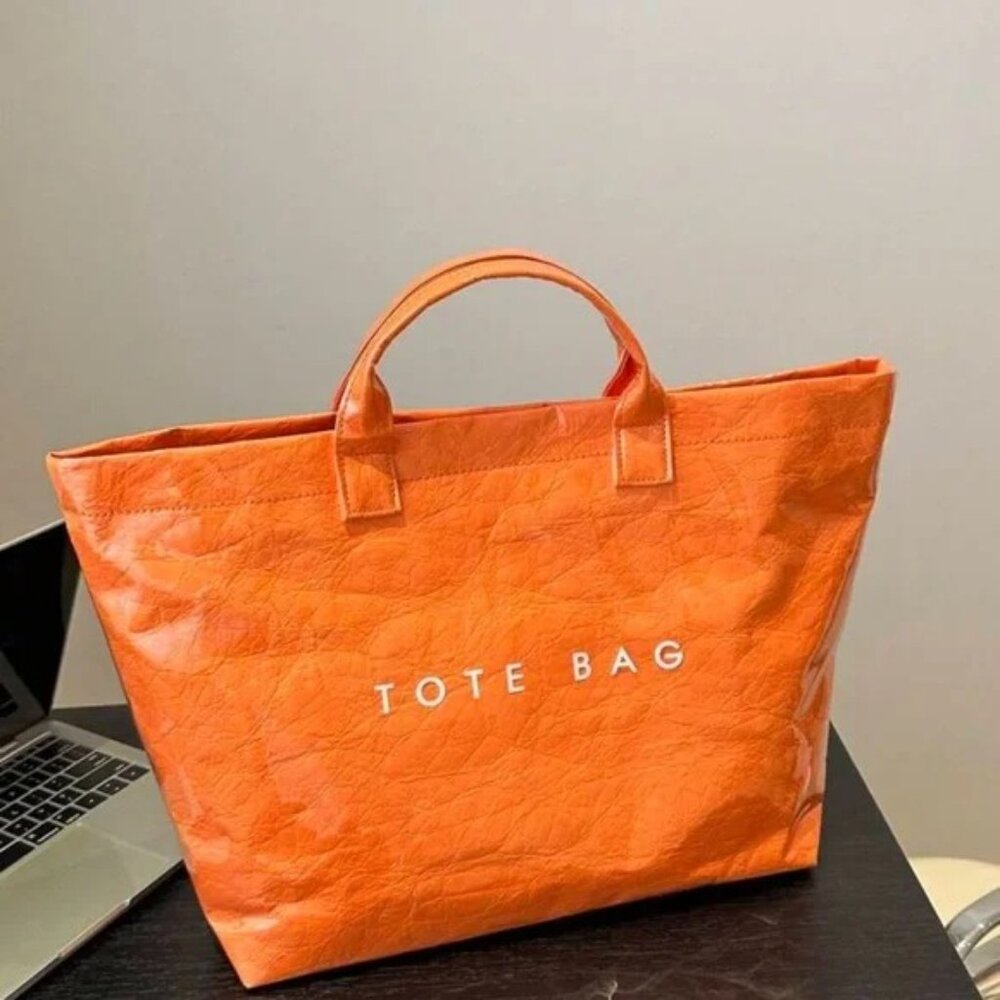 Large Orange Glossy PVC Tote Bag Lightweight Everyday Shopping Handbag - Picture 3 of 4